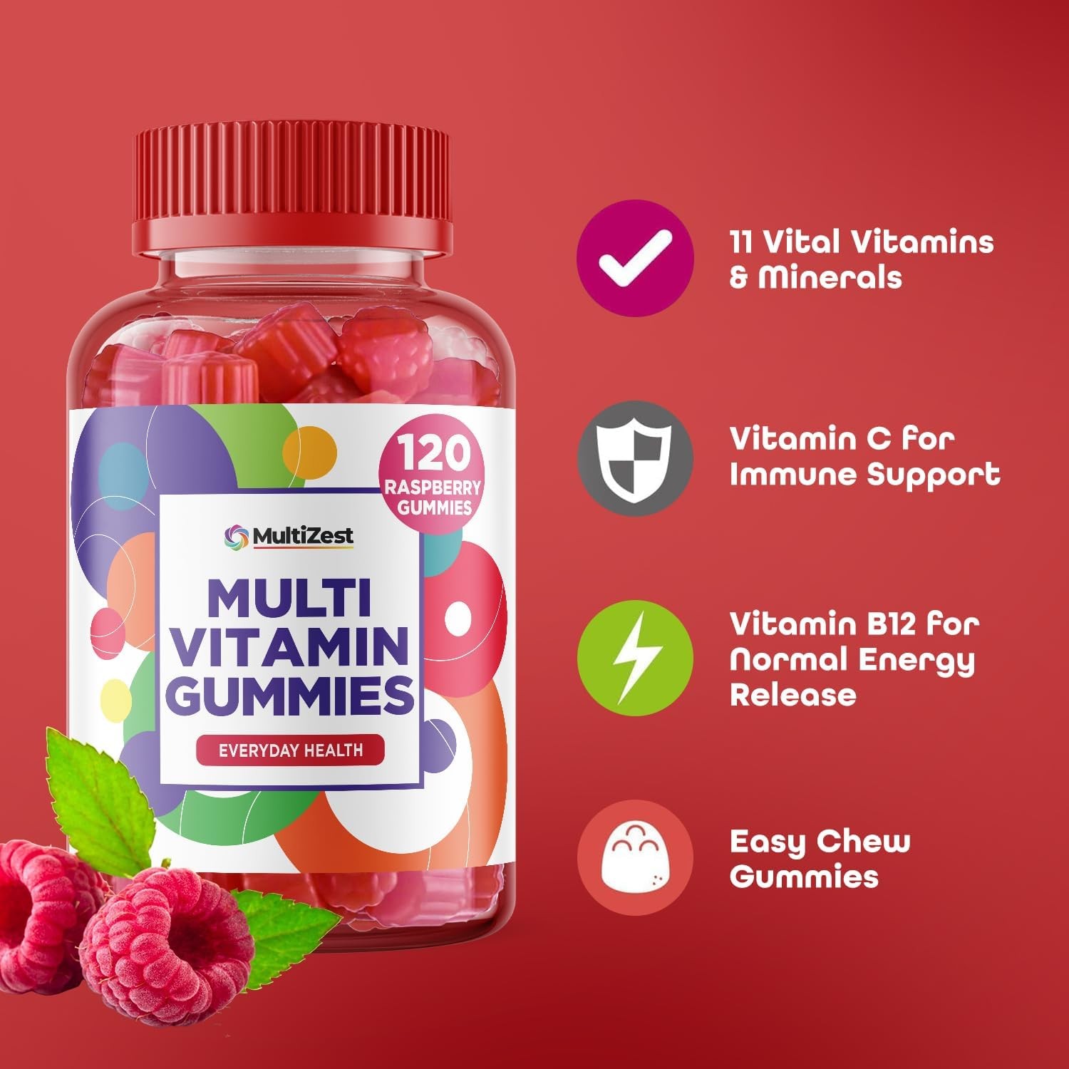 Multivitamin Gummies 120 | 4 Months Supply| One A Day | Raspberry Flavour Gummies For Adults With 11 Vitamins And Minerals| The Highest Strenght Supplement| Vitamins A, B, C, D E