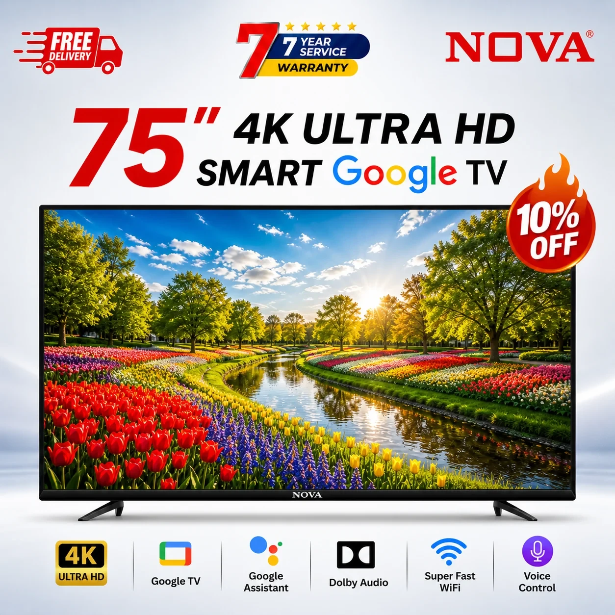 NOVA 75” 4K QLED Smart Google TV NV-7550 | Dolby Vision HDR10+ | Android 14 | 2GB RAM 16GB ROM | Voice Control | Netflix YouTube Prime